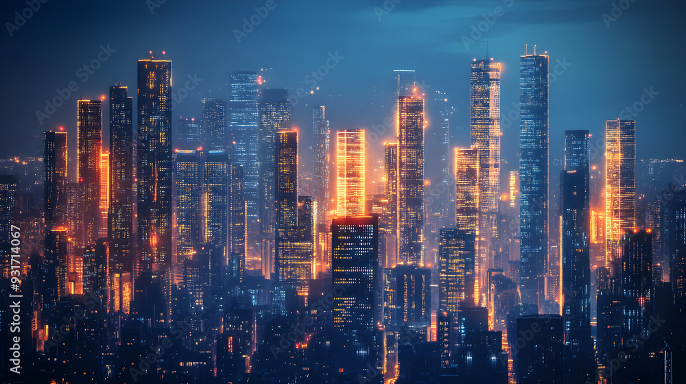 Obraz premium A futuristic cityscape with towering skyscrapers glowing in the night, representing the growth and innovation of urban landscapes in a high-tech, modern world.