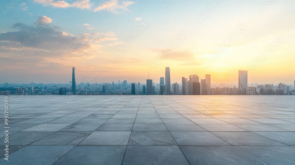 Empty square floor with a view of the modern city skyline at sunset, creating a dramatic urban backdrop. Empty square floor with a view of the modern city skyline at sunset, creating a dramatic urban backdrop.