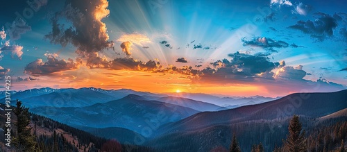 Fototapeta Naklejka Na Ścianę i Meble -  Red flaming sunset in the mountains above the clouds Copy space The idea of travel relaxation an active lifestyle and a healthy existence in harmony with nature