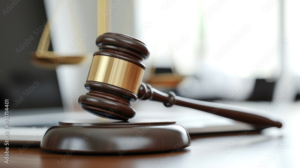 Gavel on a wooden surface in a courtroom Gavel on a wooden surface in a courtroom