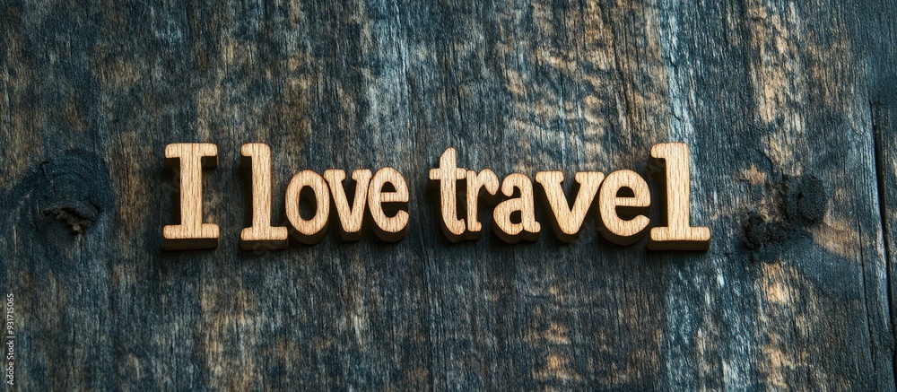 Inscription I love travel on a wooden surface. with copy space image. Place for adding text or design Inscription I love travel on a wooden surface. with copy space image. Place for adding text or design
