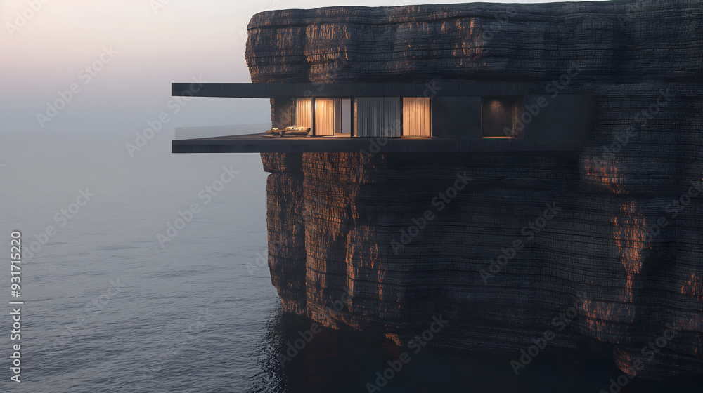 Naklejka premium Dom na klifie zaprojektowany przez Black Card, położony w klifie oceanicznym