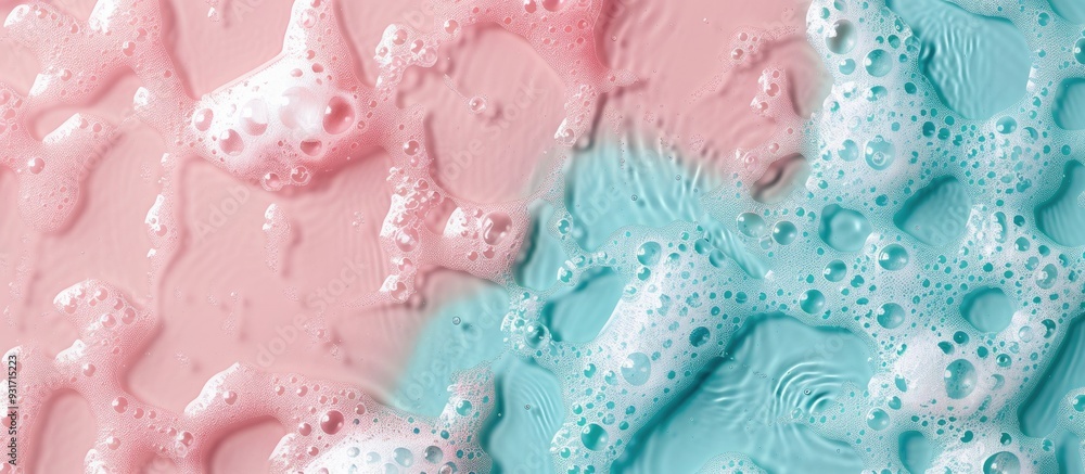 Pink soap with foam on a blue background that offers space for your text. with copy space image. Place for adding text or design Pink soap with foam on a blue background that offers space for your text. with copy space image. Place for adding text or design