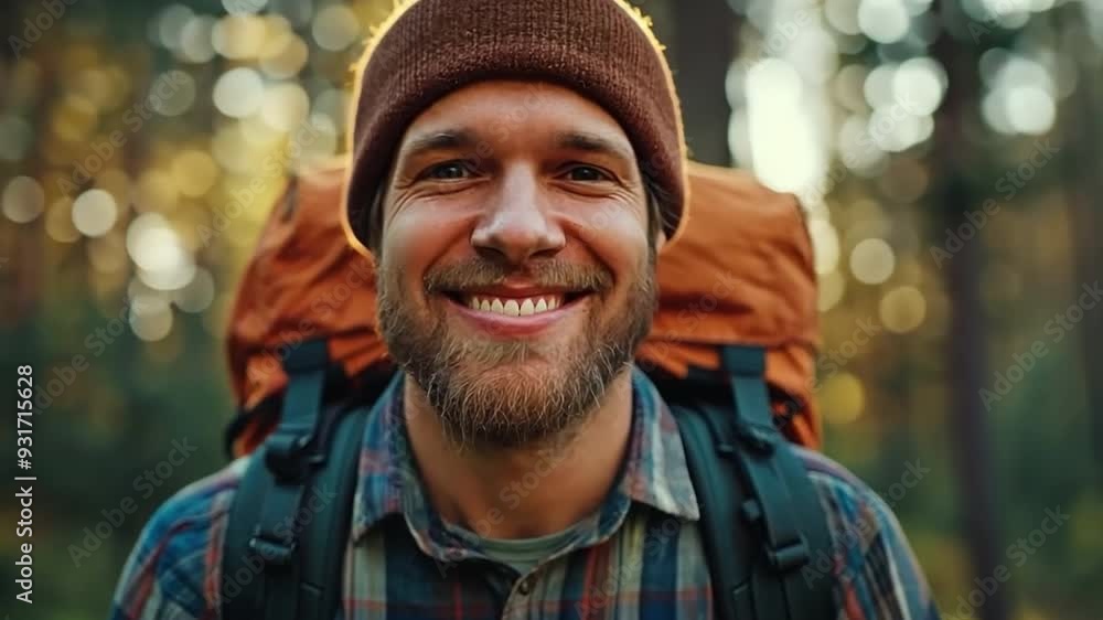 portraits of a smiling man enjoying a hike through the forest. portraits of a smiling man enjoying a hike through the forest.