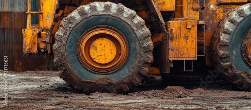 Clear panorama close up view of the rusted wheel of a heavy duty construction machine. with copy space image. Place for adding text or design