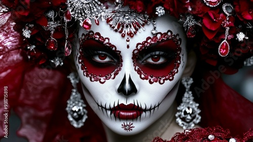 Wallpaper Mural A striking portrait of a woman adorned in vibrant flowers and elaborate makeup, showcasing the beauty of cultural celebration. Torontodigital.ca