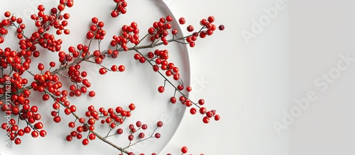 Plate featuring fresh viburnum berries on a white background. with copy space image. Place for adding text or design photo