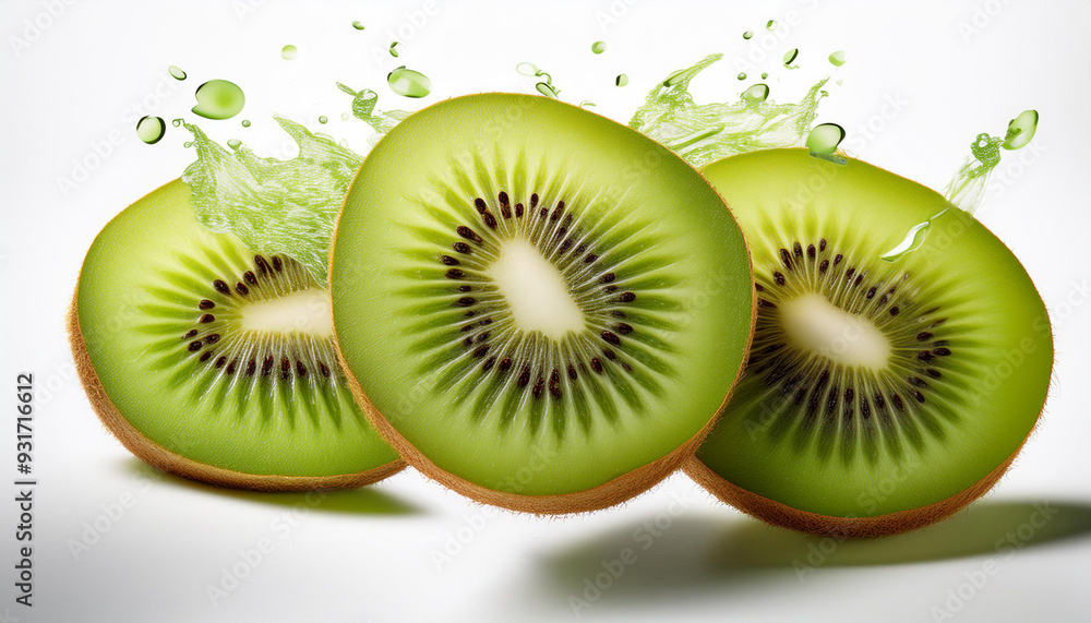 Fototapeta premium Tangy kiwi slices flying on a white background, emphasizing their bright green color and unique texture