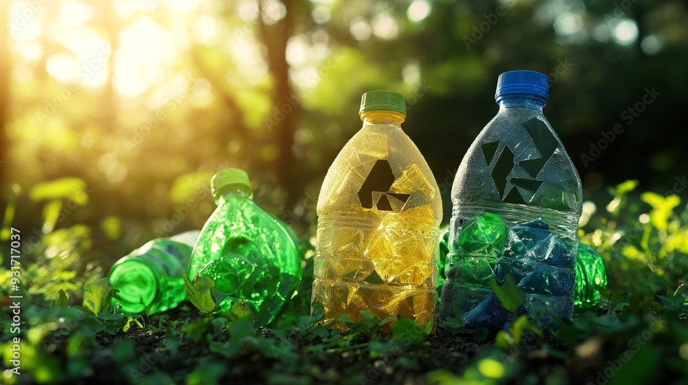 Plastic Bottles in the Forest. A poignant image of plastic bottles discarded in a lush forest, highlighting the environmental impact of plastic pollution. Generative ai illustration. Plastic Bottles in the Forest. A poignant image of plastic bottles discarded in a lush forest, highlighting the environmental impact of plastic pollution. Generative ai illustration.