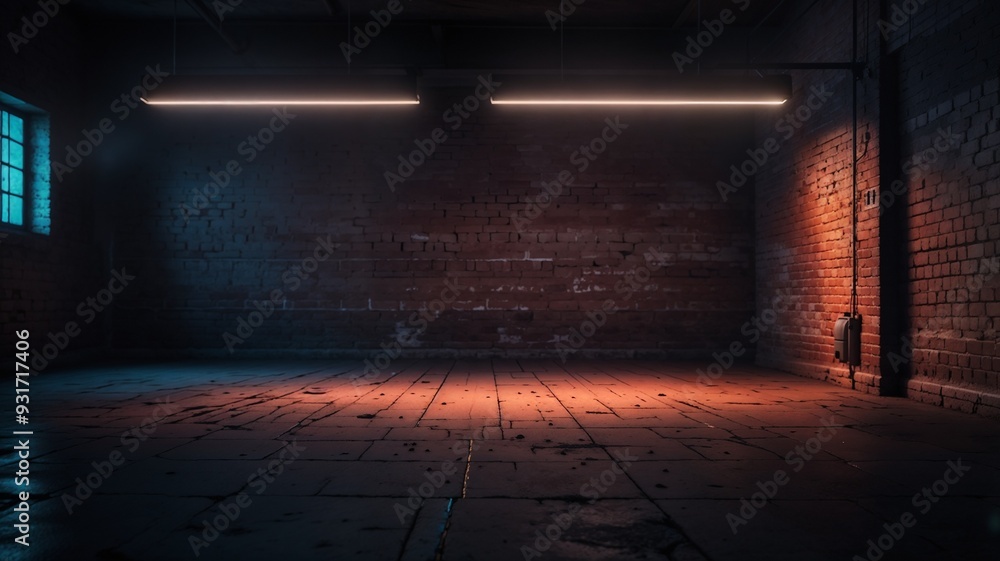 The background of an empty room with brick walls and concrete floor tiles. Neon light, spotlight The background of an empty room with brick walls and concrete floor tiles. Neon light, spotlight