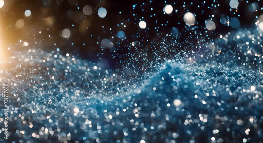 Blue sparkling dust particles scattered across a dark space, creating a mesmerizing and ethereal cosmic effect with bokeh highlights.