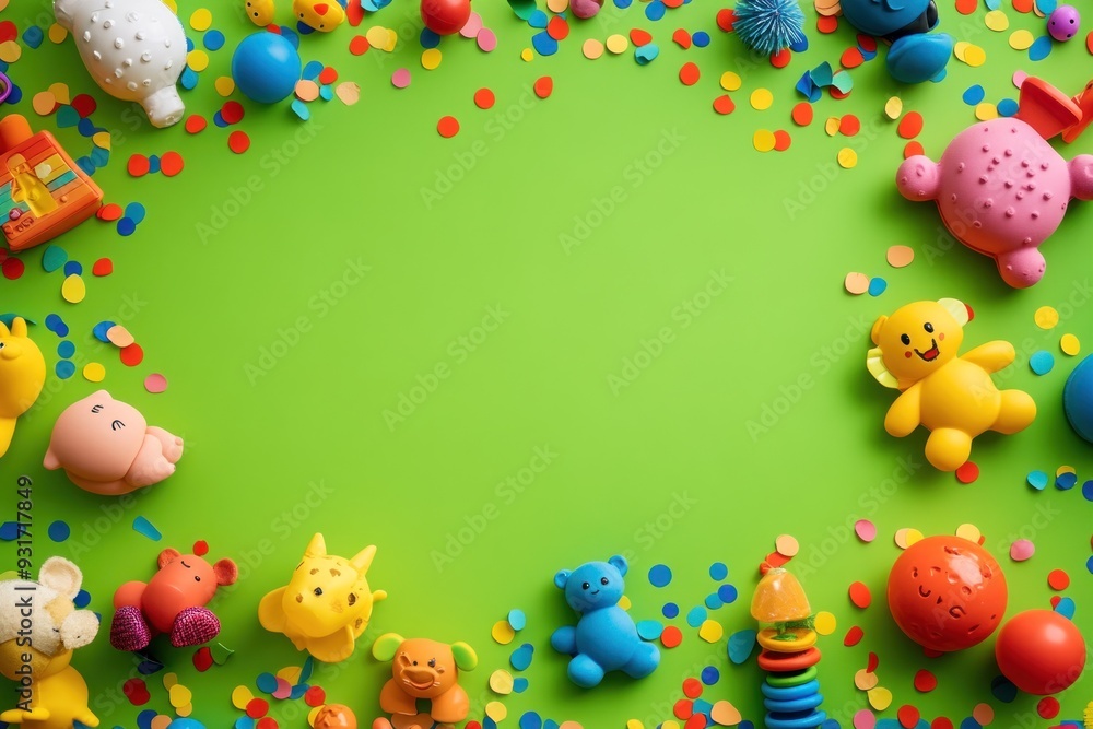 Fototapeta premium Colorful Toys and Confetti Surrounding a Green Background