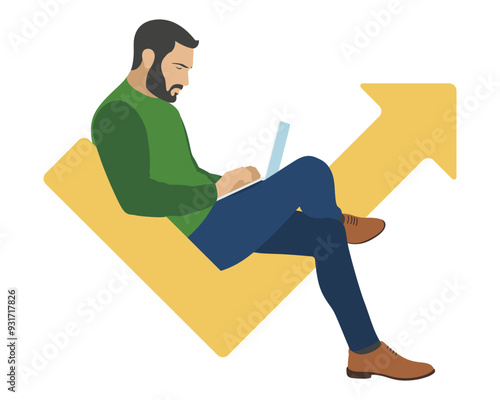 A man sits cross-legged with a laptop and works. Success in business. Uphill movement and achievements. Flat design. Vector illustration