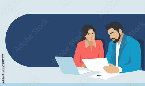 Office workers sit at the table and talk about work. Two busy middle aged professional man and woman business leaders partners checking document financial report talking working together on laptop com