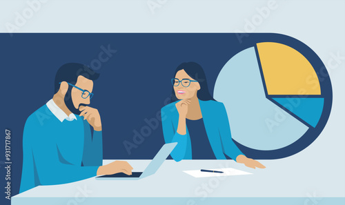 Office workers sit at the table and talk about work. Two busy middle aged professional man and woman business leaders partners checking document financial report talking working together on laptop com
