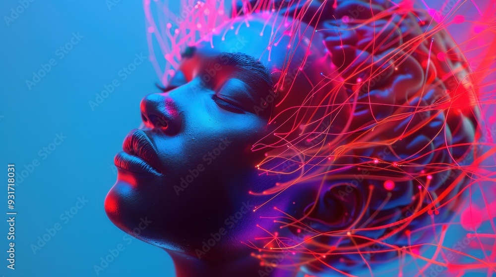 Radiant Mindscape, an AI-generated illustration showcasing a black woman bathed in luminous light, with a vibrant blue brain encircled by dynamic red and purple lines. Radiant Mindscape, an AI-generated illustration showcasing a black woman bathed in luminous light, with a vibrant blue brain encircled by dynamic red and purple lines.
