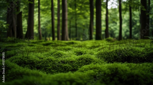 Lush, dense green moss carpeting a forest floor, creating a soft and vibrant natural setting