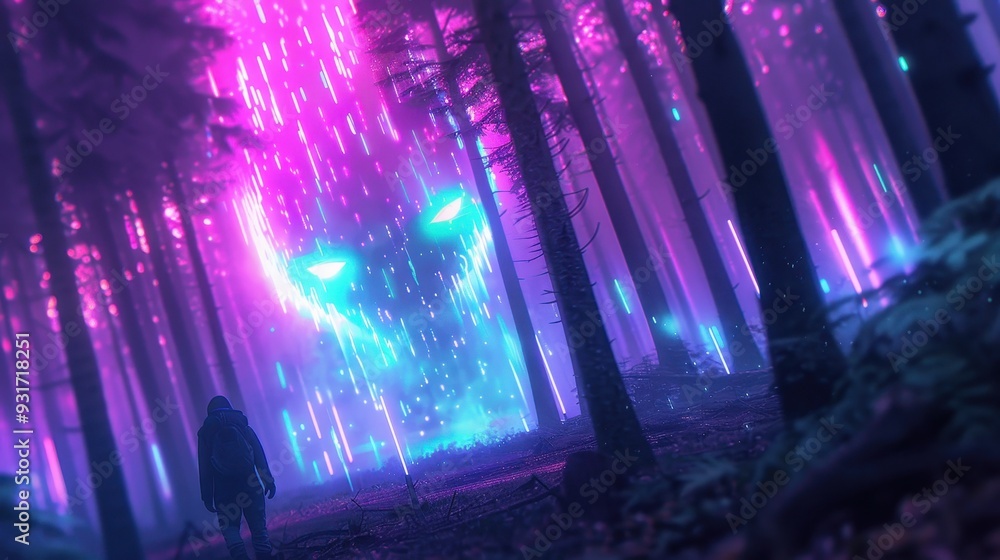 Creepy Forest Monster in a Futuristic Cyberpunk City, a chilling creature lurking among vibrant neon lights, evoking a sense of solitude and eerie mystery in the woods. Creepy Forest Monster in a Futuristic Cyberpunk City, a chilling creature lurking among vibrant neon lights, evoking a sense of solitude and eerie mystery in the woods.