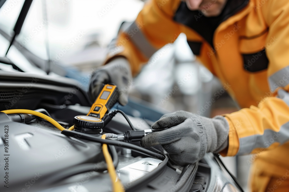 mechanic in a yellow uniform performing diagnostics on a car engine using a digital tool mechanic in a yellow uniform performing diagnostics on a car engine using a digital tool