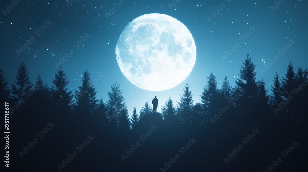 Modern espionage figure in a forest, silhouetted against a luminous full moon, starry sky, whispering pines, evoking a sense of mystery and intrigue. Modern espionage figure in a forest, silhouetted against a luminous full moon, starry sky, whispering pines, evoking a sense of mystery and intrigue.