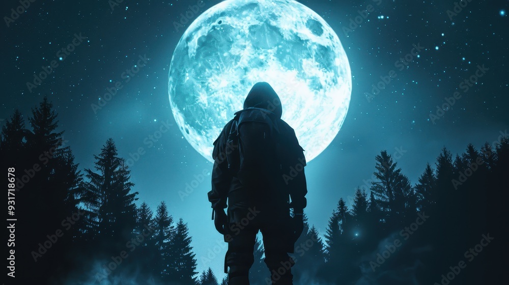 Mysterious Agent in Enchanted Forest, A stealthy figure blends into the shadowy woods, illuminated by a luminous full moon and framed by whispering pines, under a starry sky. Mysterious Agent in Enchanted Forest, A stealthy figure blends into the shadowy woods, illuminated by a luminous full moon and framed by whispering pines, under a starry sky.