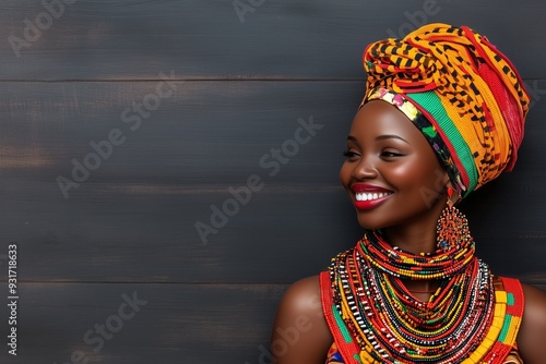 A beautiful African woman in a traditional costume, portrait. Bright clothes. Africa Day. Black History Month photo