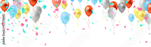 Soft light Colorful balloons popped on a white background 3D multi colored balloon vector illustration design with colorful confetti for party celebration
