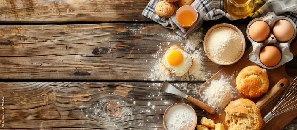Bakery ingredients on a wooden surface. with copy space image. Place for adding text or design Bakery ingredients on a wooden surface. with copy space image. Place for adding text or design