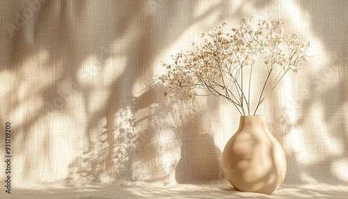 Create a stylish boho wedding textile background with a smooth neutral beige linen fabric. Abstract floral sunlight shadows should create a sense of depth and elegance