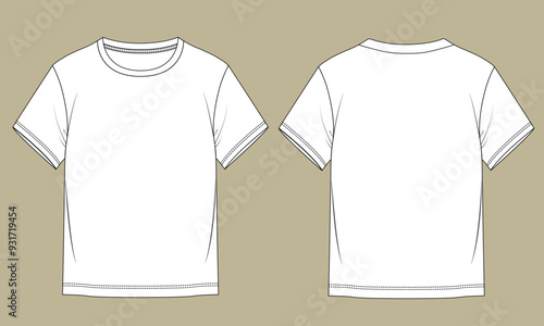  Men's Short sleeve Crew neck T Shirt flat sketch fashion illustration drawing template mock up with front and back view.