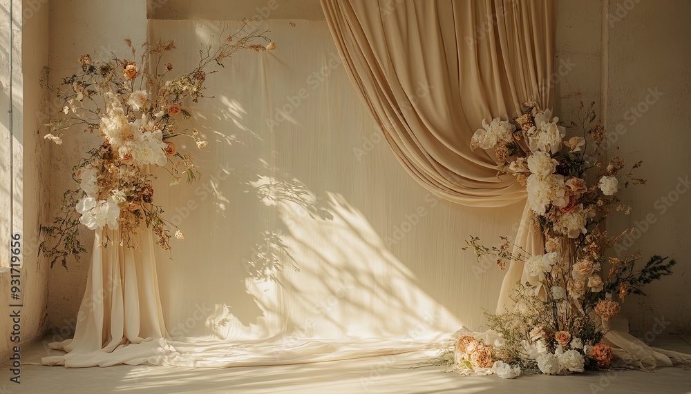 Create a delicate boho wedding backdrop with neutral beige linen fabric draped softly. Abstract floral sunlight shadows should add a touch of sophistication and depth