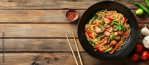 Stir fry Delicious noodles with meat in a wok surrounded by chopsticks and ingredients on a wooden table viewed from above Space for text. with copy space image. Place for adding text or design