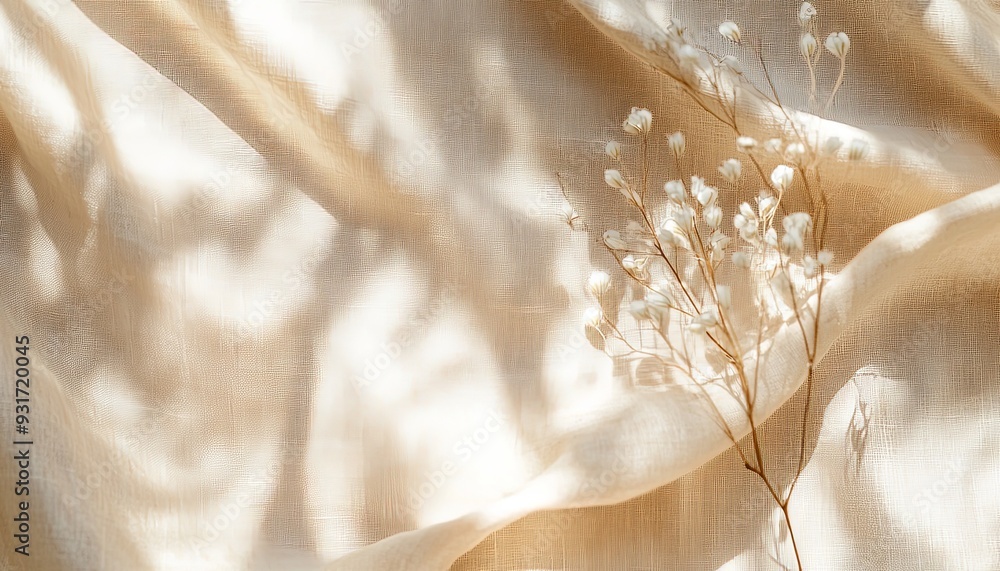 Design a refined boho wedding background with a smooth neutral beige linen fabric. Abstract floral sunlight shadows should add visual interest and a touch of class Design a refined boho wedding background with a smooth neutral beige linen fabric. Abstract floral sunlight shadows should add visual interest and a touch of class