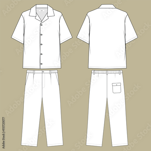 Men's Pajamas with shirt and trousers. Technical sketch. Vector illustration front and back view fashion template.
