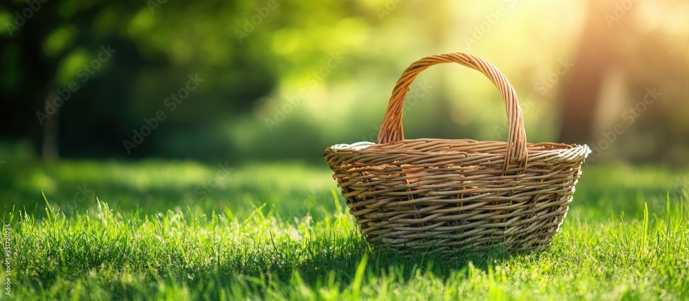 Empty wicker basket on green grass Copyspace for text Empty wicker basket on green grass Copyspace for text