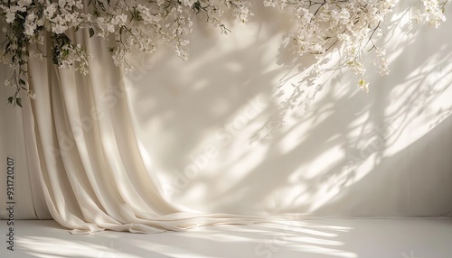 Create a stylish boho wedding backdrop showcasing textured neutral beige linen fabric. Abstract floral sunlight shadows should provide a sense of depth and sophistication