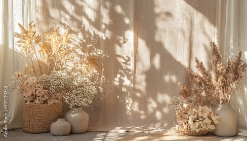 Create a stylish boho wedding backdrop showcasing textured neutral beige linen fabric. Abstract floral sunlight shadows should provide a sense of depth and sophistication