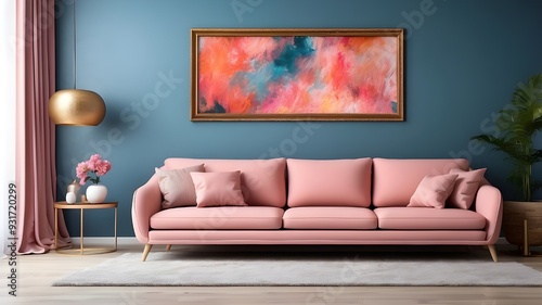 Beautiful background elevation of the sofa with decorative photo paint frame complete wall background in a modern, creative living room interior design concept house photo