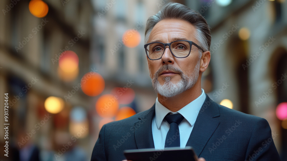 Fototapeta premium A man in a suit and tie holding something up to his face, AI