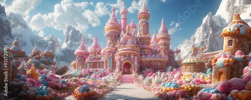Wallpaper Mural A whimsical candy castle surrounded by colorful sweets under a bright blue sky, perfect for dreamlike and fantasy-themed projects. Torontodigital.ca