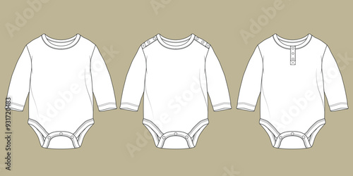 Long sleeve kids bodysuit, CAD, fashion flat template. Fashion technical illustration for garment production unit.