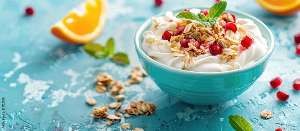 Greek yogurt topped with granola orange and pomegranate berries for a healthy breakfast on a blue turquoise wooden table with copy space and a shallow depth of field Greek yogurt topped with granola orange and pomegranate berries for a healthy breakfast on a blue turquoise wooden table with copy space and a shallow depth of field
