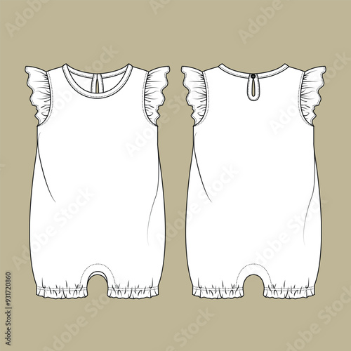 Kids Short sleeve bodysuit, fashion flat template. Fashion technical illustration for garment production unit, front and back view.