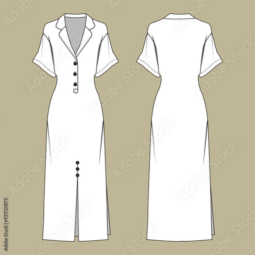 Ladies Fashion Pajama style long dress. Technical sketch. Vector illustration template front and back view.