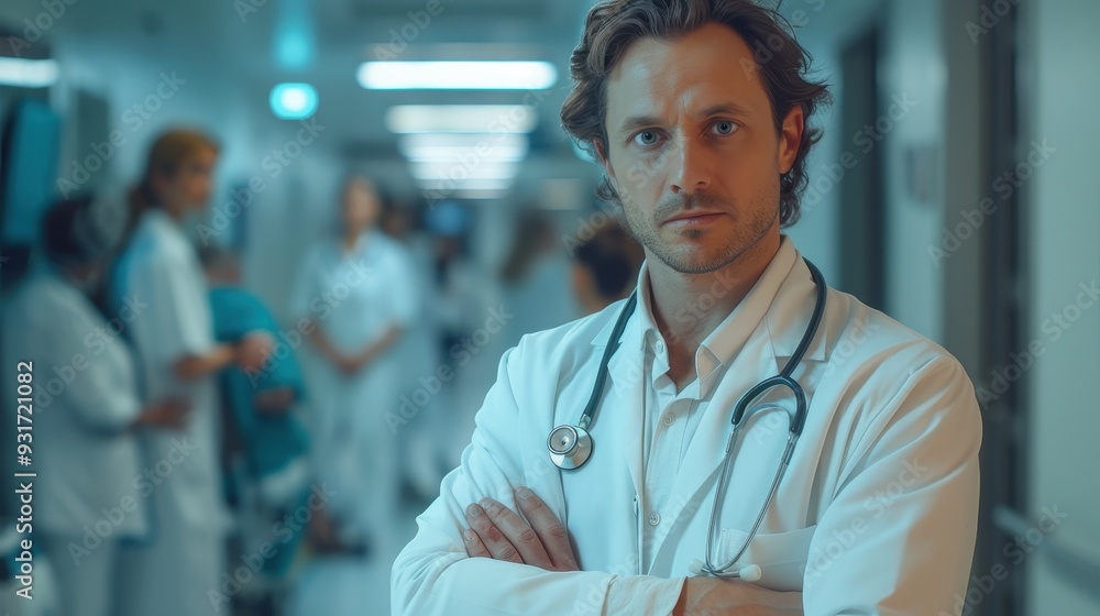 Male Doctor Standing in a Hospital Corridor with Arms Crossed Male Doctor Standing in a Hospital Corridor with Arms Crossed