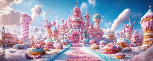 A whimsical candy castle surrounded by sweets and clouds, evoking a dreamy, magical wonderland for all ages.