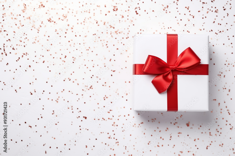 Top view Cristmas white gift box present red bow white studio background Top view Cristmas white gift box present red bow white studio background
