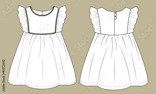  Kids Fashion vector Art drawing. Baby girls dress design technical Flat sketch vector illustration template. Apparel clothing Mock up front and back views.