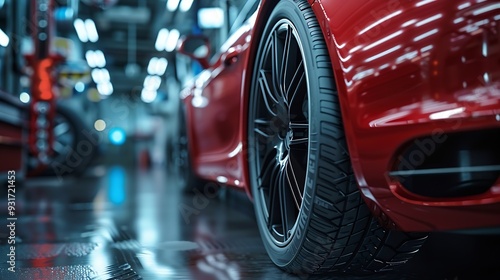 Low angle back rear view of a car vehicle and its tires at the repairing shop Concept of car maintenance service empty Copy space isolated on black background night scene : Generative AI photo