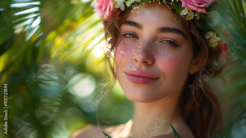 Face forest and beauty with flower headband in tropical plants outdoors bokeh background Woman cosmetic skincare treatment and facial or bodycare makeup with floral pink rose crown in  : Generative AI photo